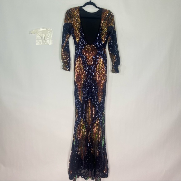 Women’s Black Blue Gold 1920’s Sequin Gown Mermaid Style Sz Small NWT - Picture 5 of 9